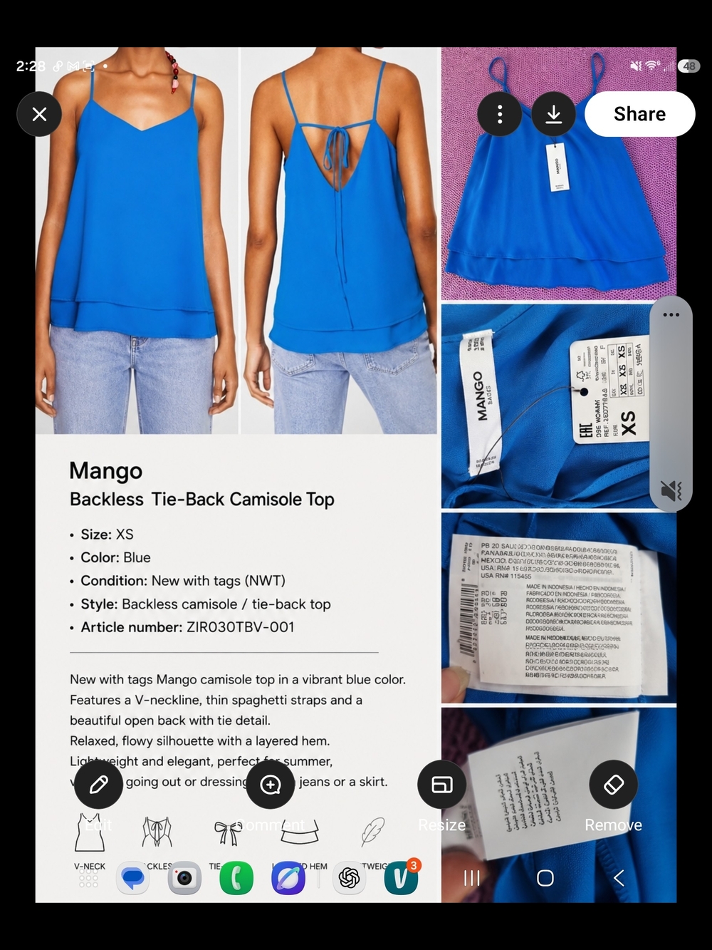 Mango Vibrant Blue Backless Tie-Back Camisole
